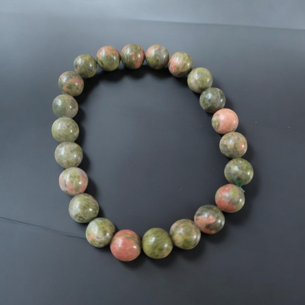 Natural Unakite Green & Pink Gemstone Beaded Stretch Bracelet